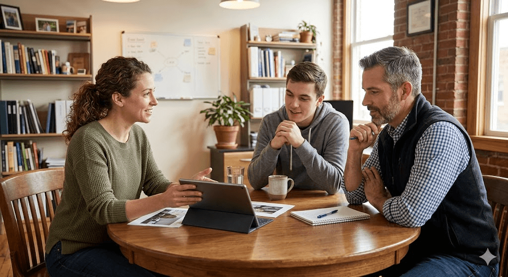 Three people in a casual US small business setting — perhaps a storefront back office or small conference room — having a friendly but focused discussion around a table.