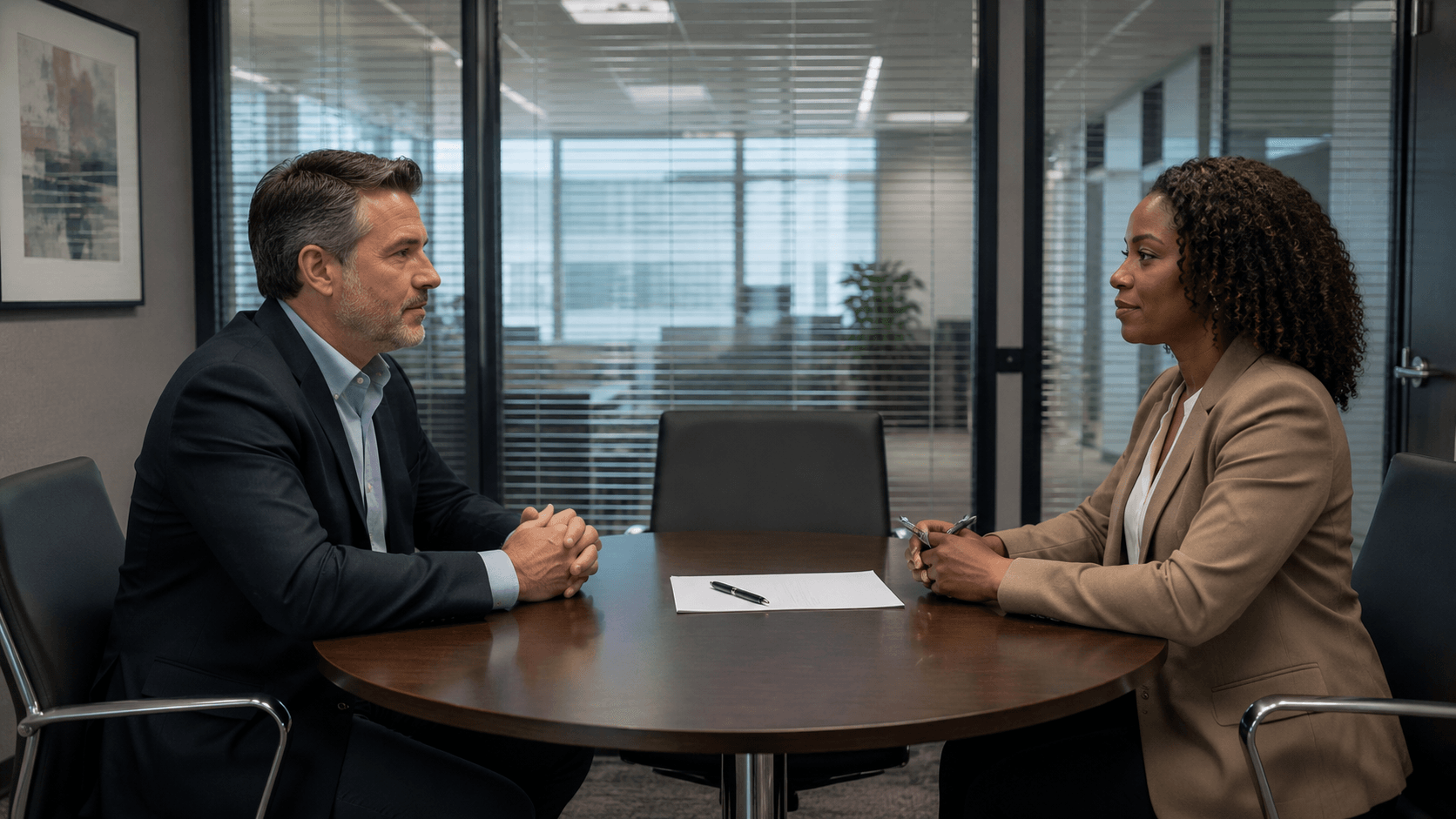 Two professionals sitting across a small conference table in a private glass-walled meeting room inside an office building. 