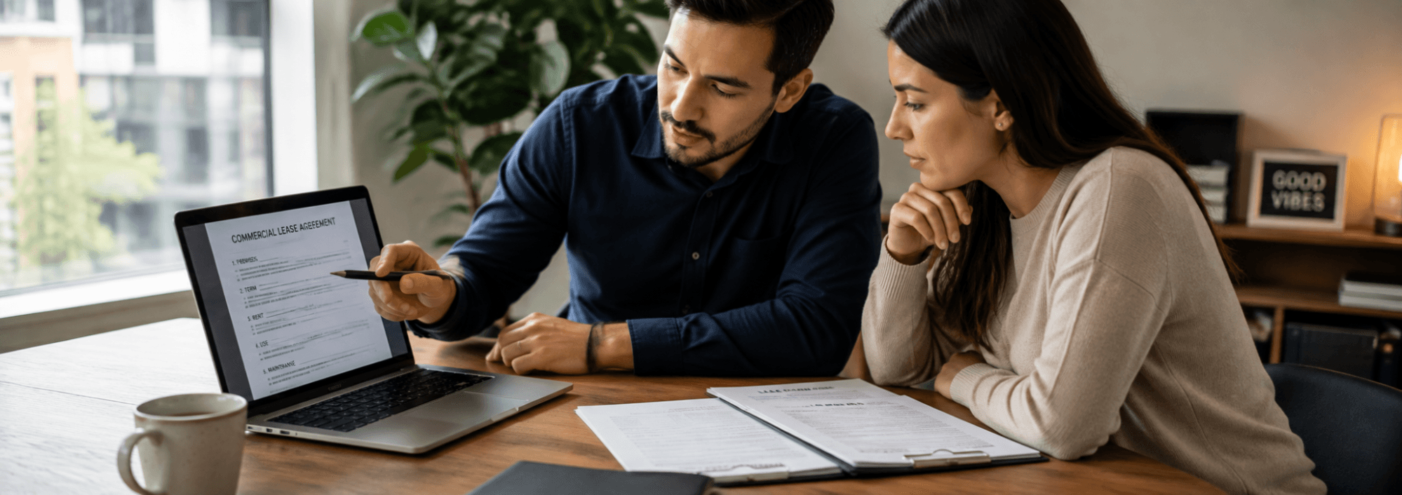 Landlord and tenant comparing commercial lease terms on a laptop during a walkthrough