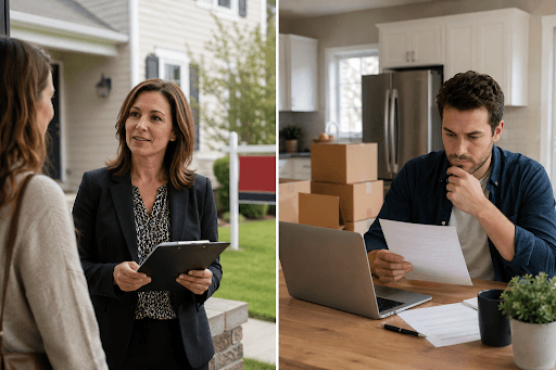 Landlord preparing to sell a property while a tenant in transition reviews a short-term rental agreement