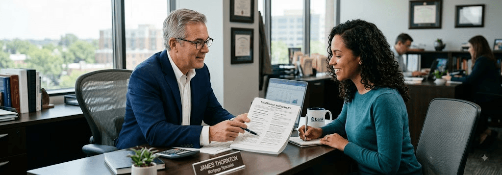 Lender pointing out key terms in a mortgage agreement while a borrower reviews the document