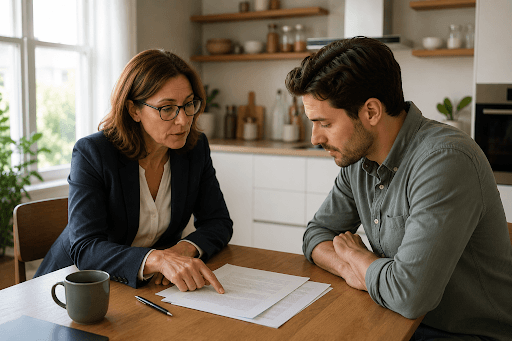 Landlord and tenant reviewing a month-to-month lease agreement together at a kitchen table