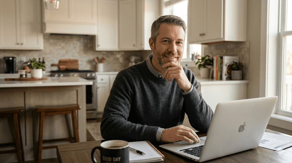 A person in their 40s sitting at a kitchen table with a laptop open, scrolling through a document on screen