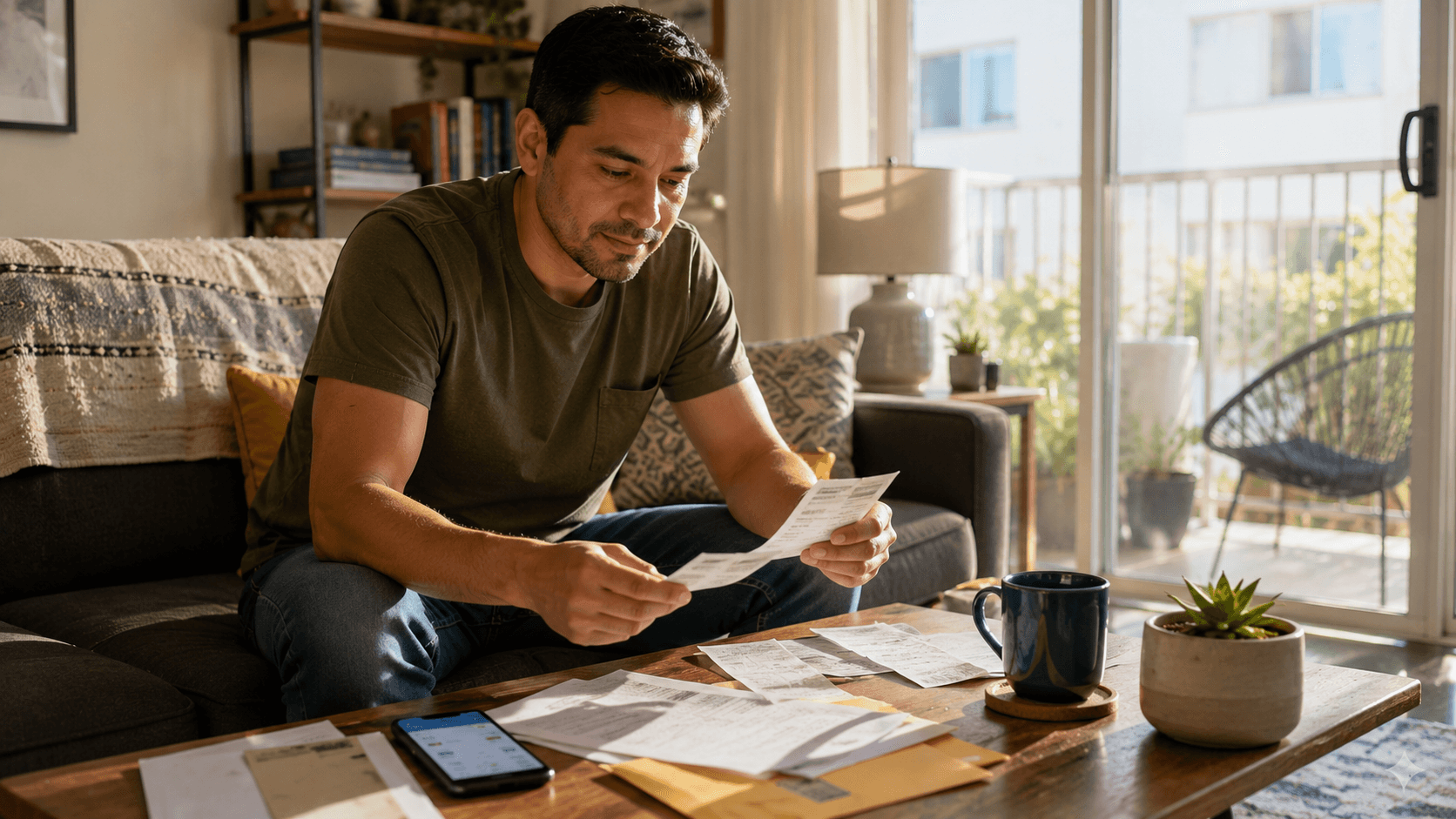 A man in his mid-30s sitting cross-legged on a couch in a modest apartment living room, organizing papers and receipts on a coffee table in front of him.