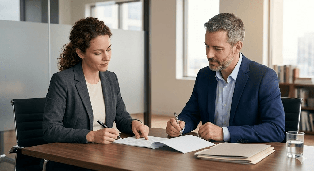 Two people sitting across from each other at a clean, modern desk — signing or reviewing printed documents together. One person is pointing to a spot on the paper; the other is holding a pen. 