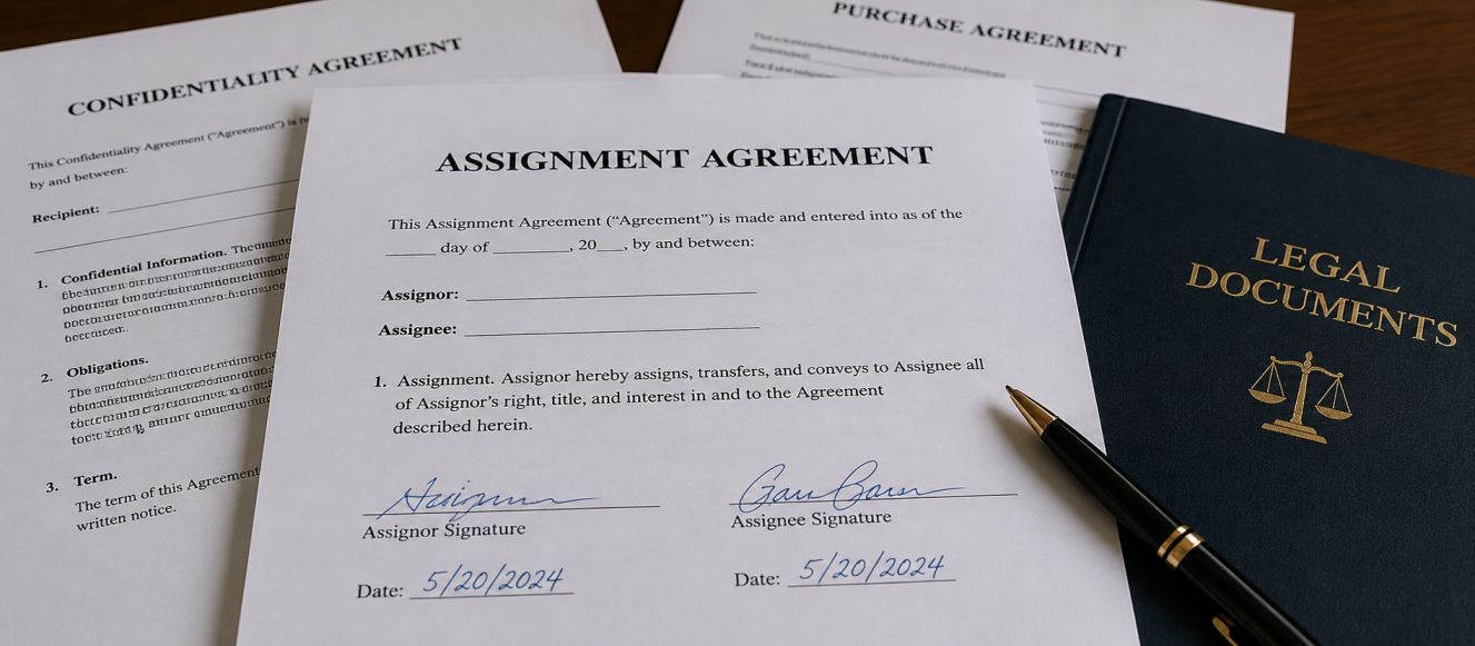 Close-up of a signed assignment agreement with pen and accompanying legal paperwork.