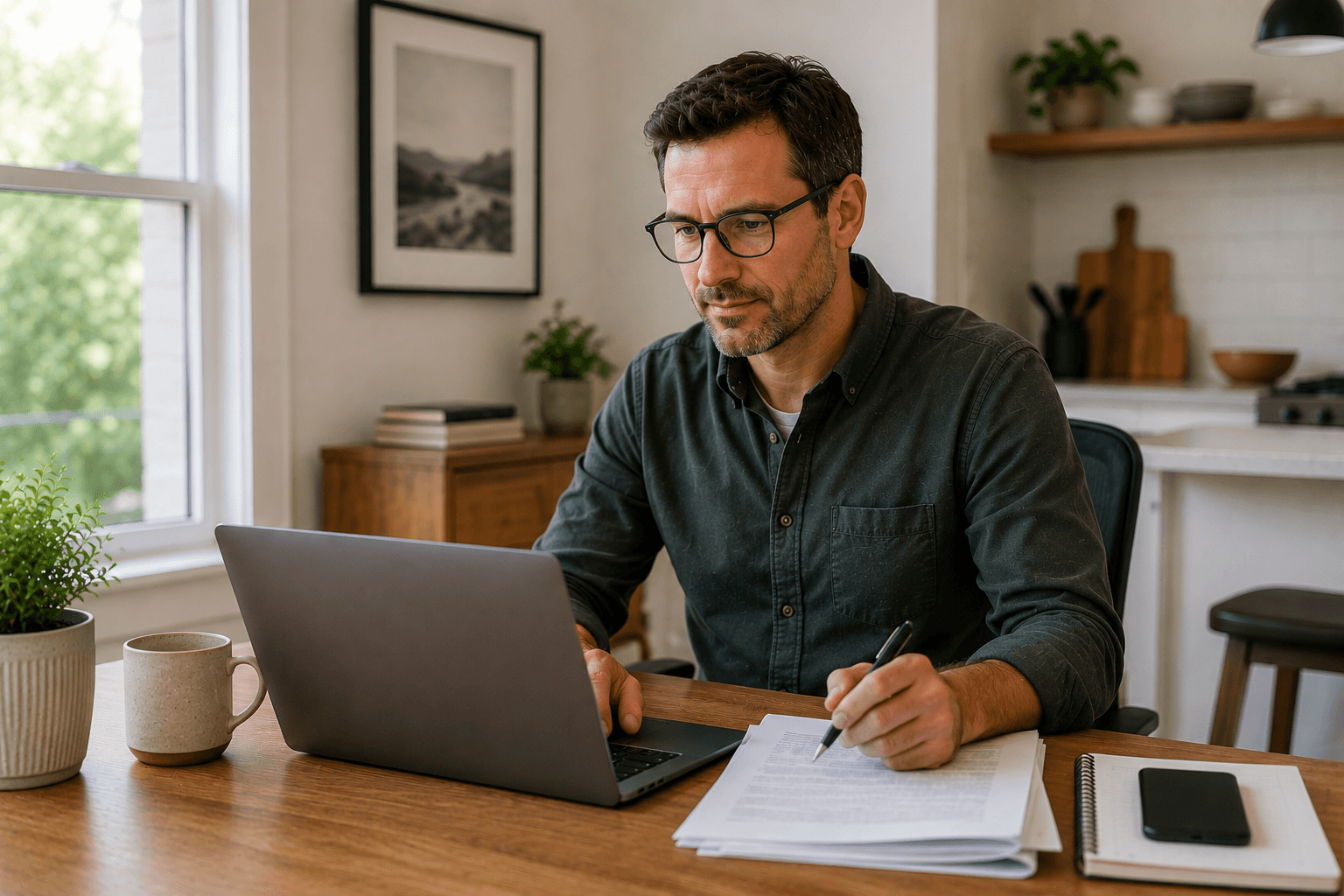 A solo entrepreneur — a man in his early 40s — sitting alone at a kitchen table or small home office desk in an American home, focused on a laptop screen with printed business documents beside him
