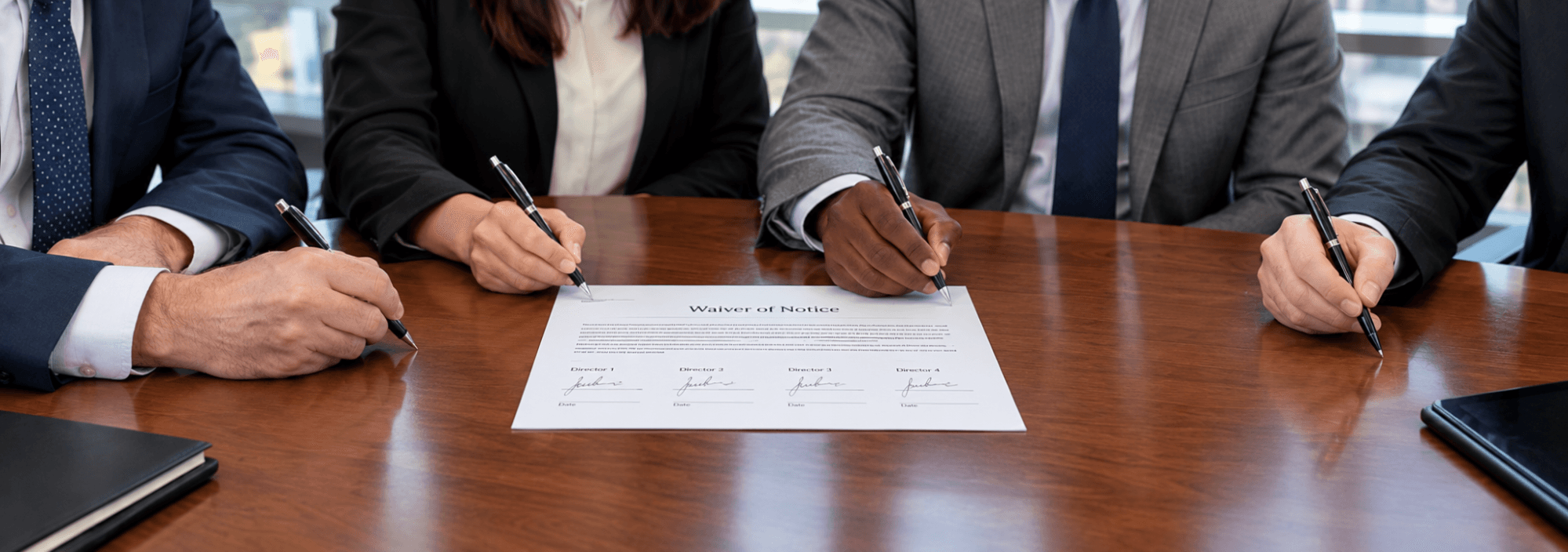 A board member signing a waiver of notice form moments before an urgent meeting begins around a conference table.