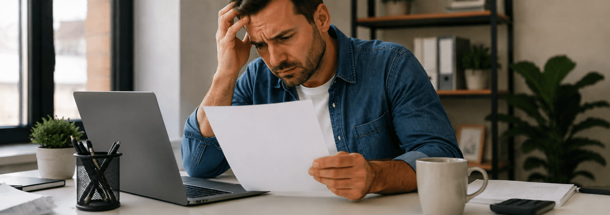 A frustrated business owner reviewing a rejected bank document at a home office desk.