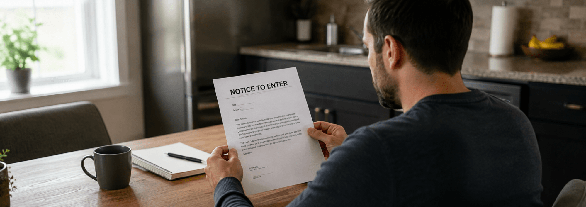 A landlord at a kitchen table reviewing a printed notice to enter before delivering it to a tenant