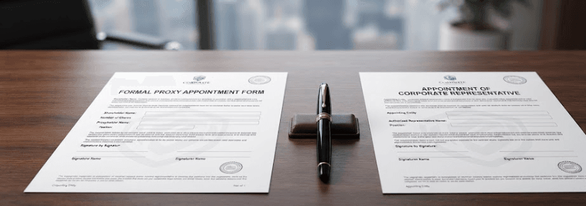 Two documents side by side on a desk, one labeled as a proxy form and the other as an appointment of representative, with a pen resting between them.