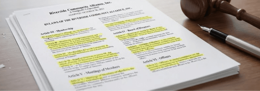 Close-up of a printed nonprofit bylaws document with highlighted sections next to a pen and gavel.