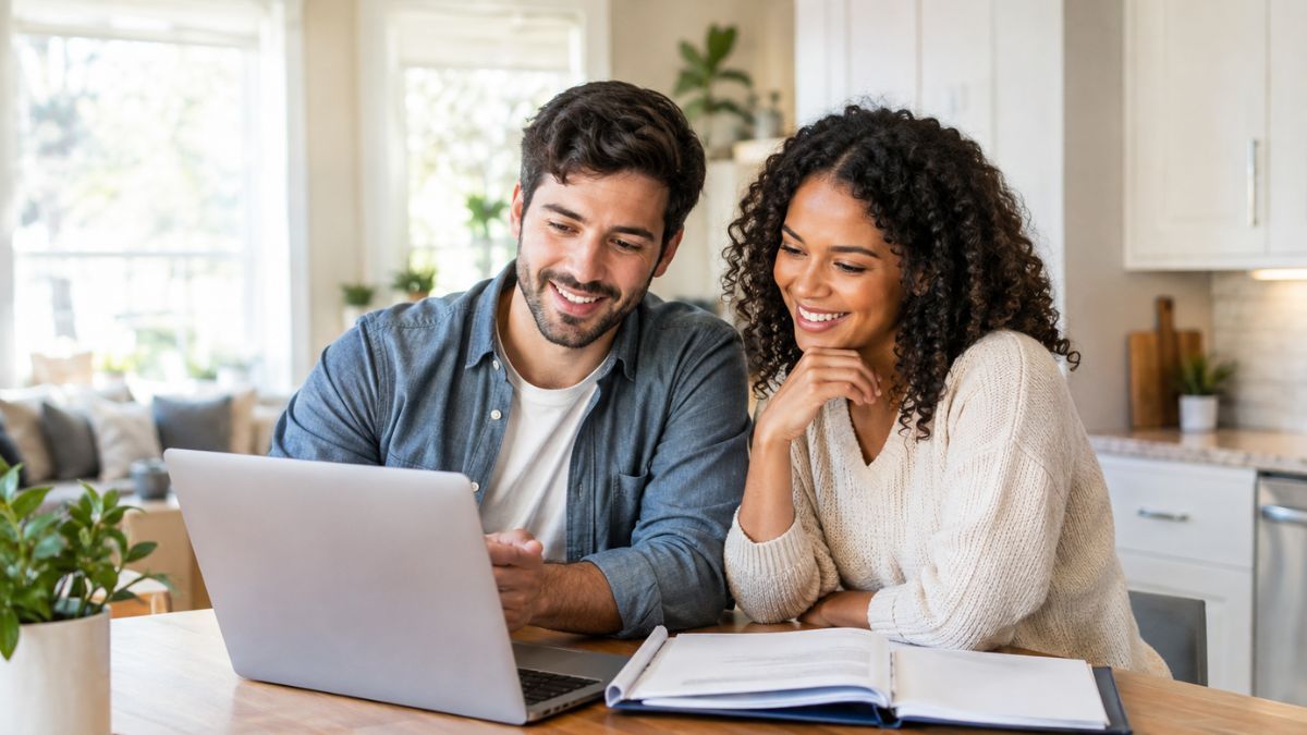 American couple sitting at a kitchen island reviewing a digital rental document on a laptop