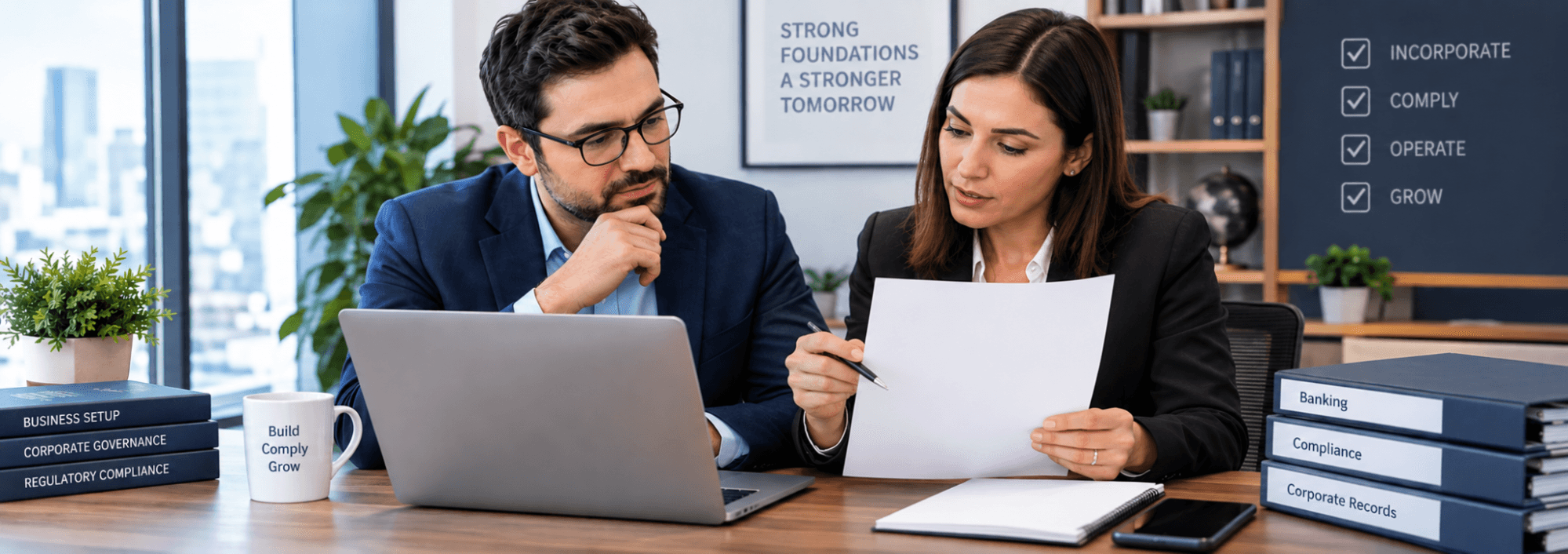 A founder and a corporate secretary reviewing a checklist of bank and compliance paperwork at a laptop.