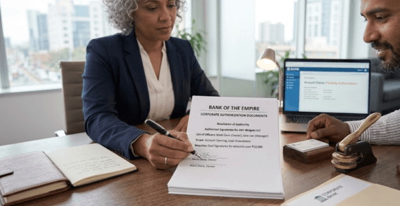 A bank officer reviewing corporate authorization documents with a small business owner across a desk.