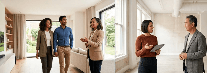 Split image showing a couple touring a residential home on the left and a business owner viewing a commercial space with a landlord  on the right