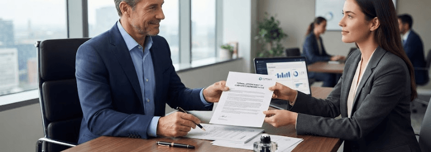 A shareholder signing a formal appointment document at a desk, handing it to another person designated as their representative.