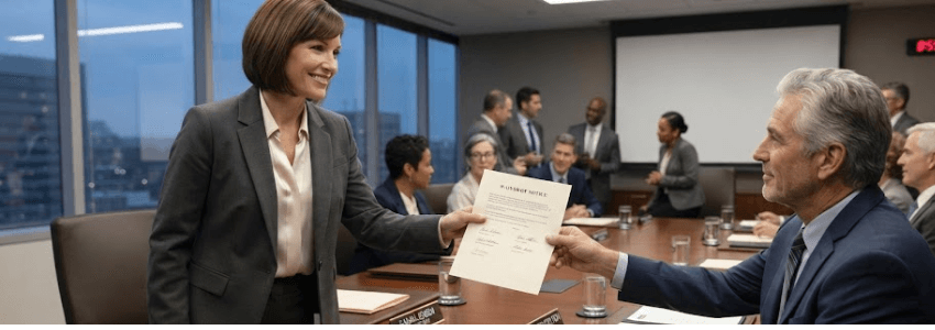 A corporate secretary handing a signed waiver of notice document to a board member before a meeting begins.