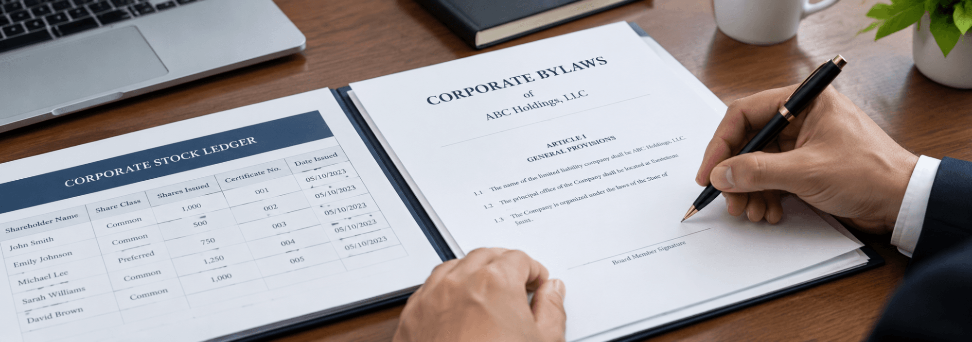 A close-up of a corporate stock ledger and bylaws document being reviewed and signed by a board member.