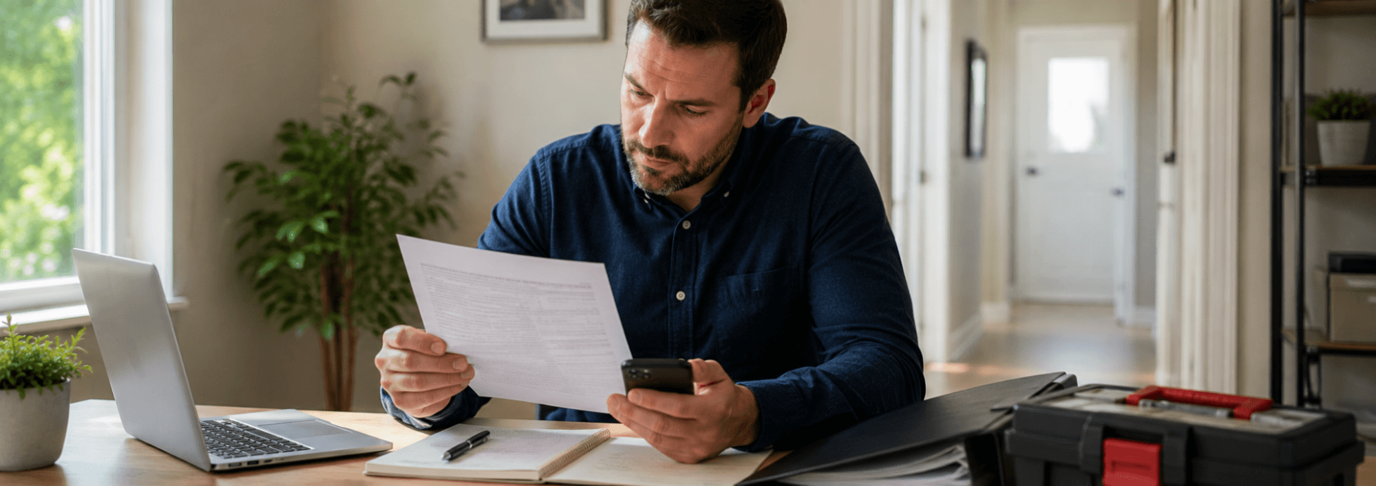 A landlord or property manager sitting at a desk or standing in a hallway, reading a printed notice to repair