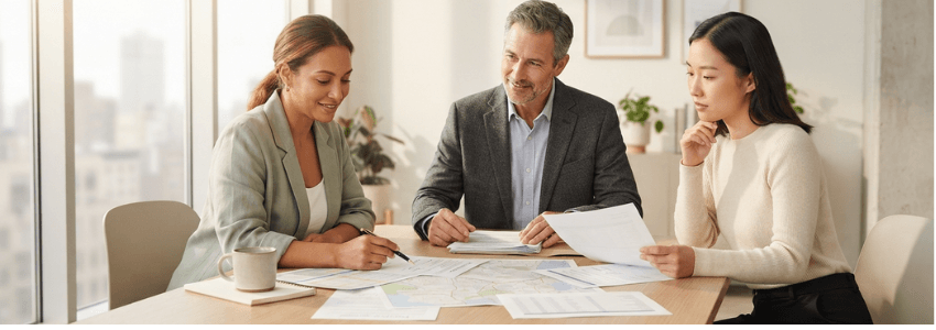 Three professionals seated around a table — representing the trustor, trustee, and beneficiary — reviewing documents together in a collaborative, professional setting.