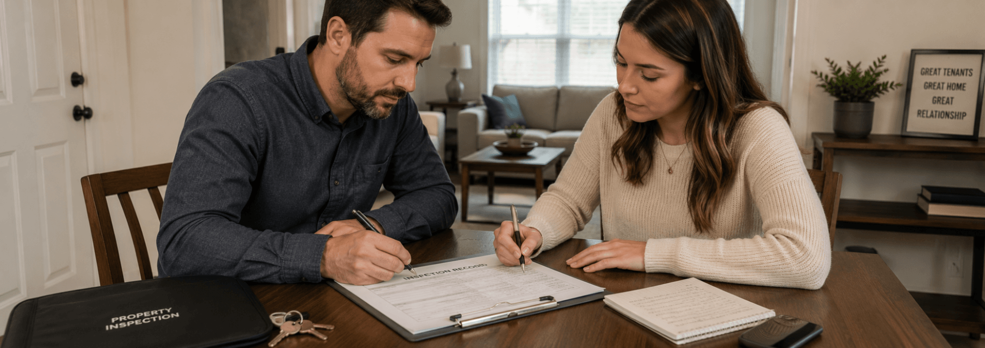 A landlord and tenant in a residential unit completing a brief written record after a scheduled inspection