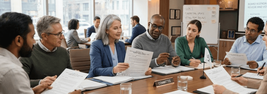 A nonprofit board meeting around a table reviewing a printed bylaws document together.