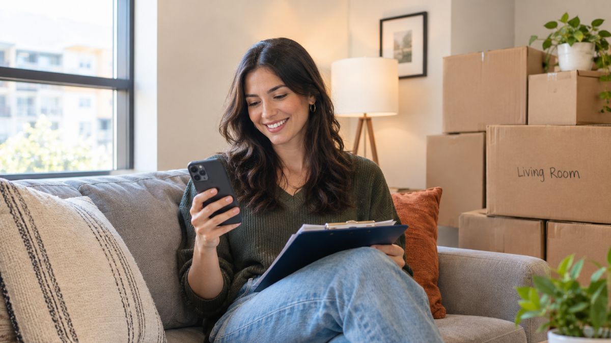Tenant holding housing contract paperwork and a phone in a new apartment after moving in
