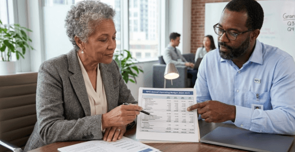 A nonprofit board chair and treasurer reviewing a budget document together during a meeting