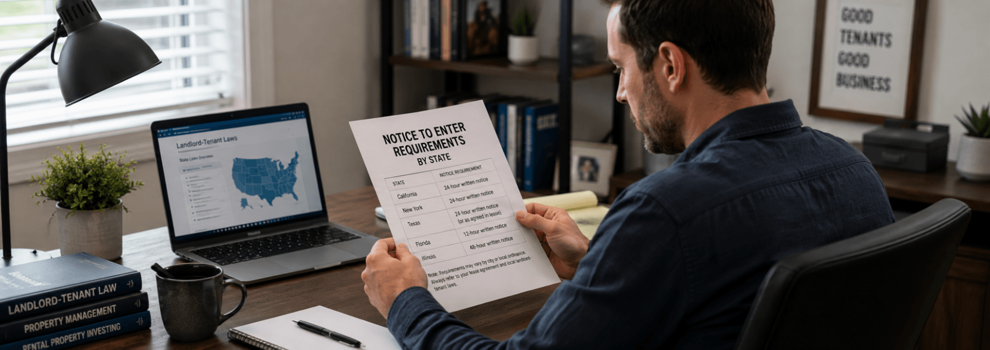 A landlord at a home office desk reviewing a state-specific notice to enter requirement on a laptop, with a printed document beside