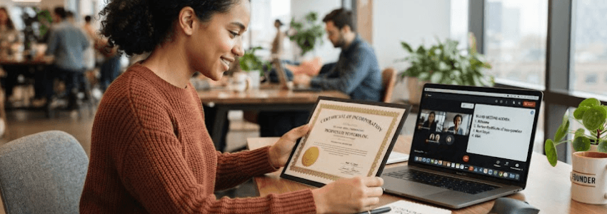 A first-time founder reviewing a printed certificate of incorporation alongside a laptop showing a meeting agenda.