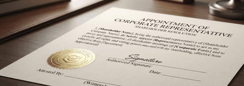 Close-up of a formal shareholder representative appointment document with a signature line, seal, and date field visible.