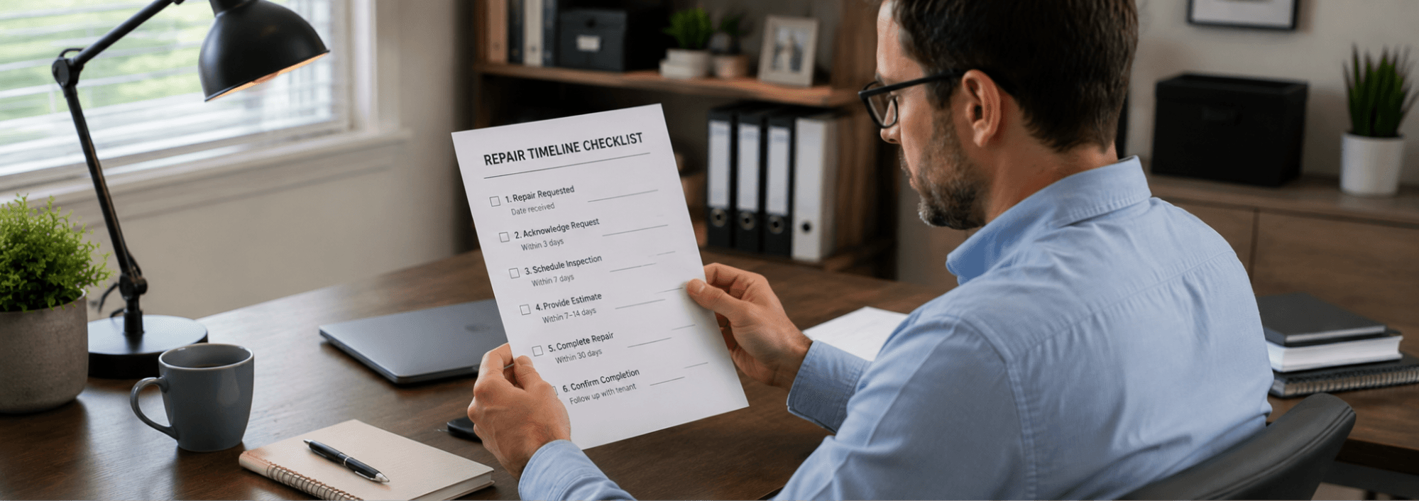 Landlord reviewing a repair timeline checklist against a maintenance calendar