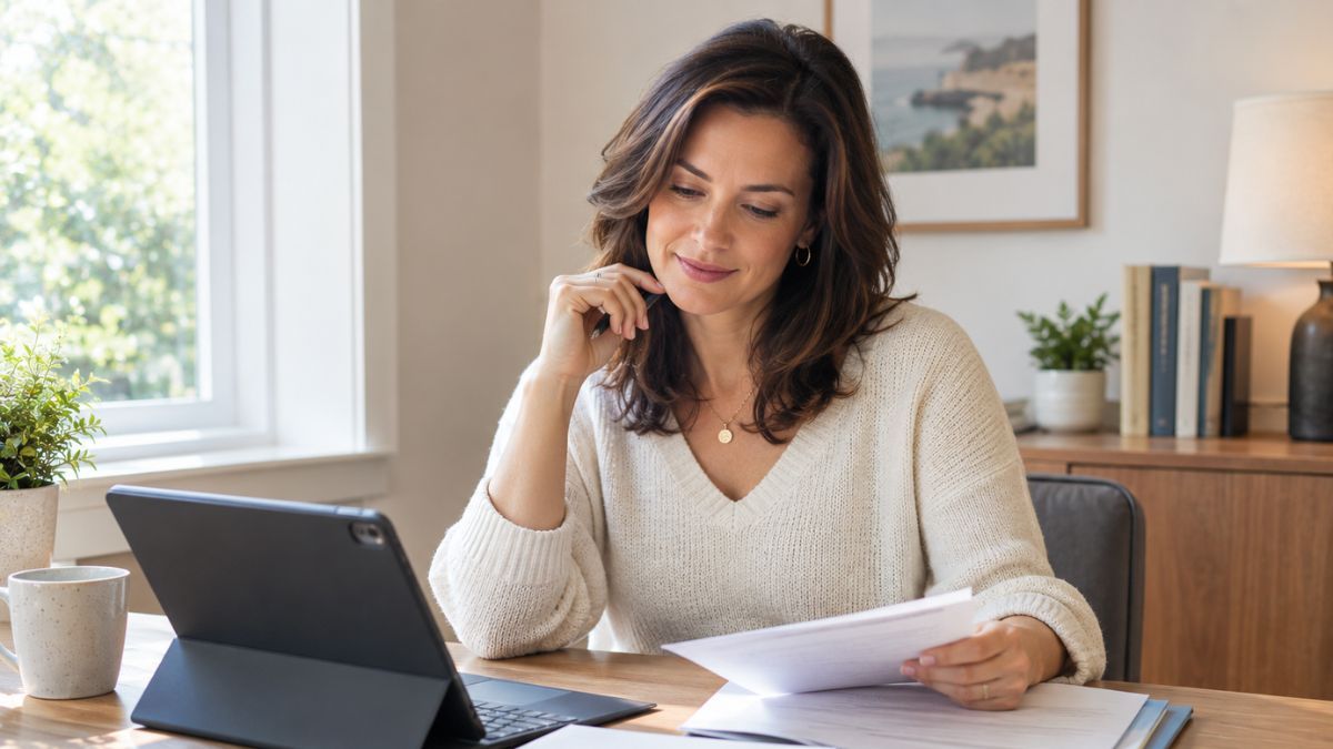 Property owner reviewing a digital rental agreement on a tablet in a brightly lit office