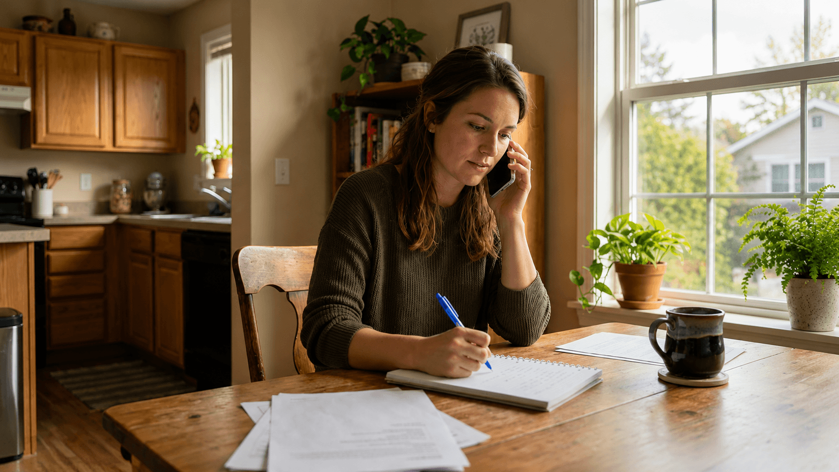 A young woman in her late 20s sitting at a kitchen table in a modest but tidy American apartment, talking on the phone with a notepad and pen in front of her.