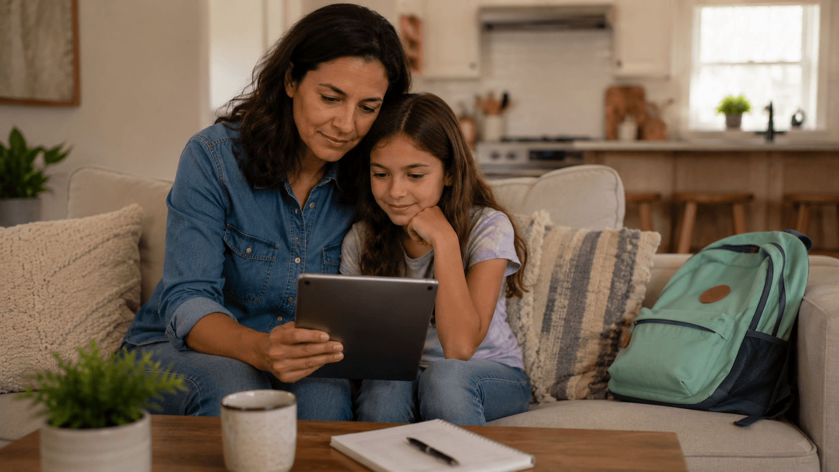 A parent (solo, no other adult present) sitting with a child on a living room couch