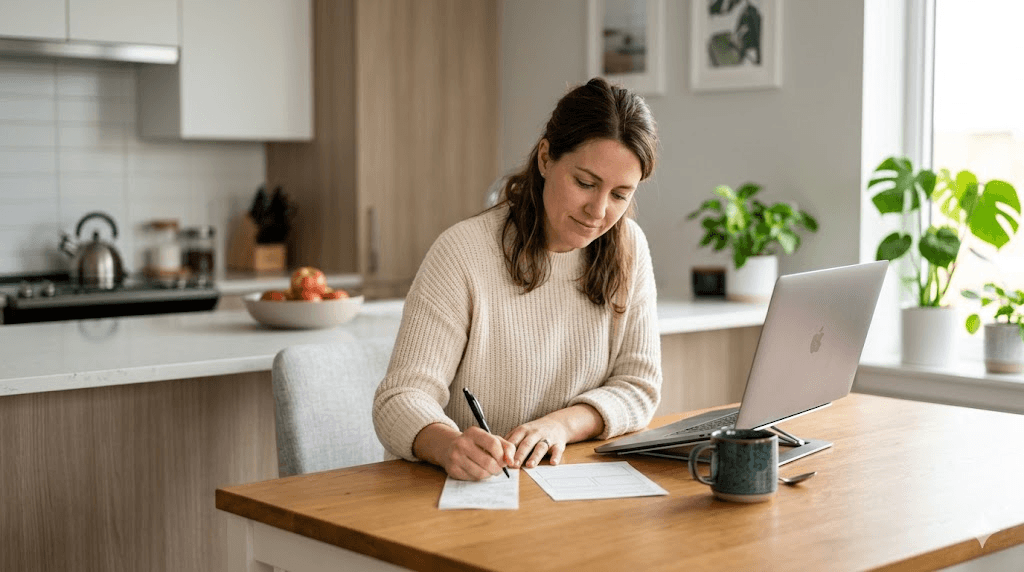 A woman in her 30s sitting at a kitchen table in a modern American apartment, writing on or reviewing a printed receipt or form.