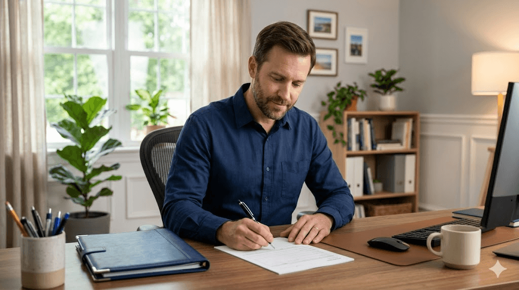 A man in his 40s sitting at a clean home office desk in the United States, writing on a printed form with a pen.